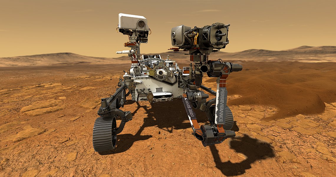 This illustration depicts NASA's Perseverance rover operating on the surface of Mars.