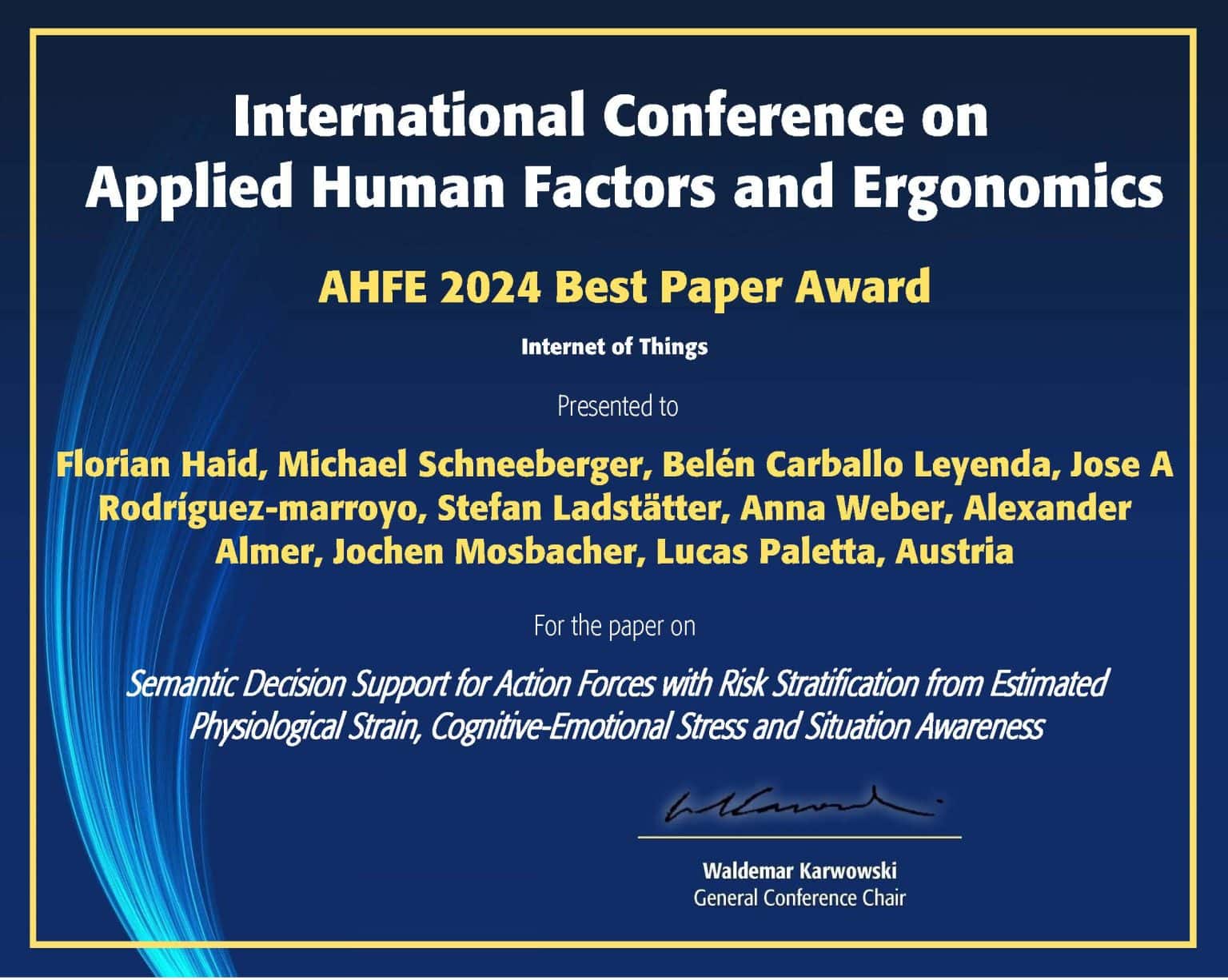 Best Paper Certificate der AHFE Konferenz 2024