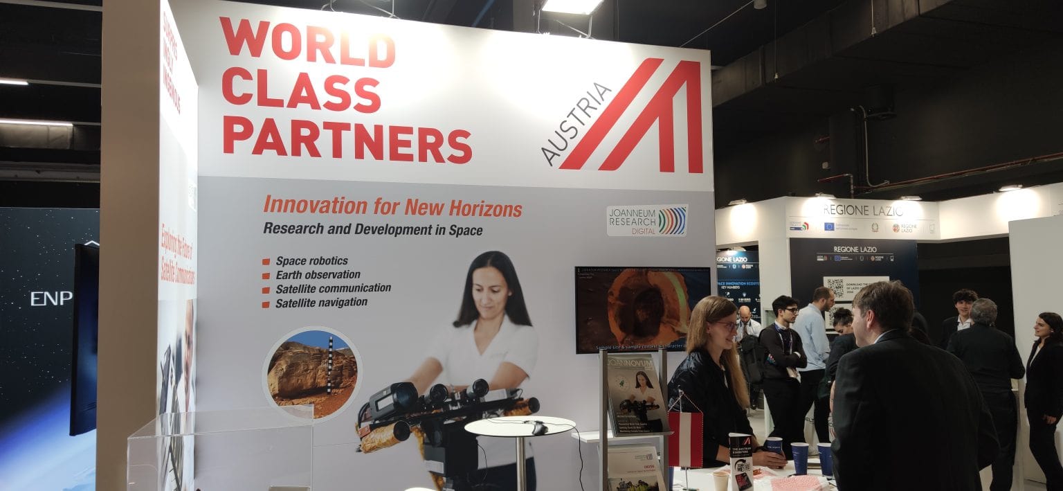 Austrian astronaut Carmen Possnig visits the exhibition stand. Credit: JOANNEUM RESEARCH