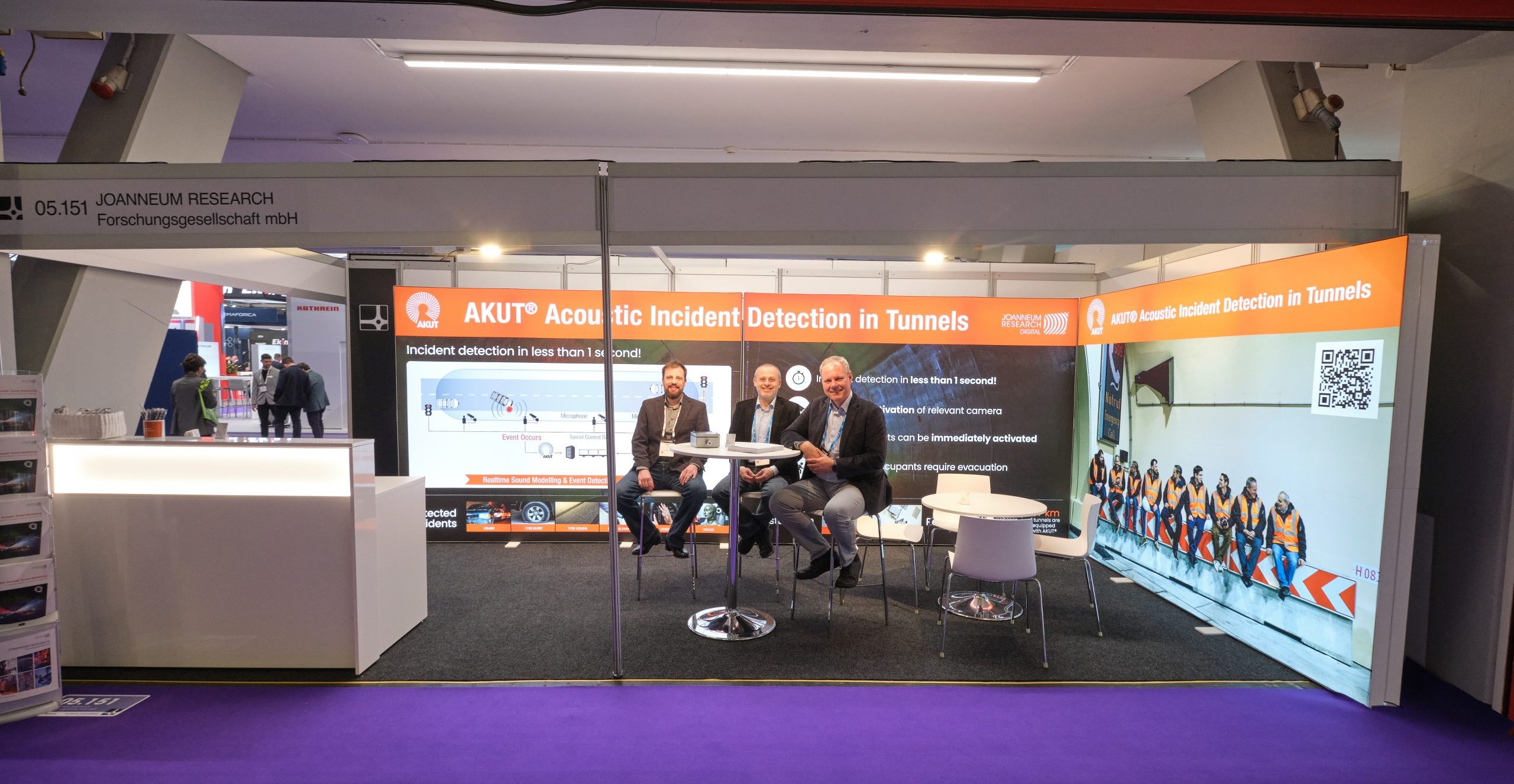 The AKUT® team: Moritz Fišer, Franz Graf and Harald Rainer (from left to right) at the Intertraffic 2026 stand. Credit: JOANNEUM RESEARCH