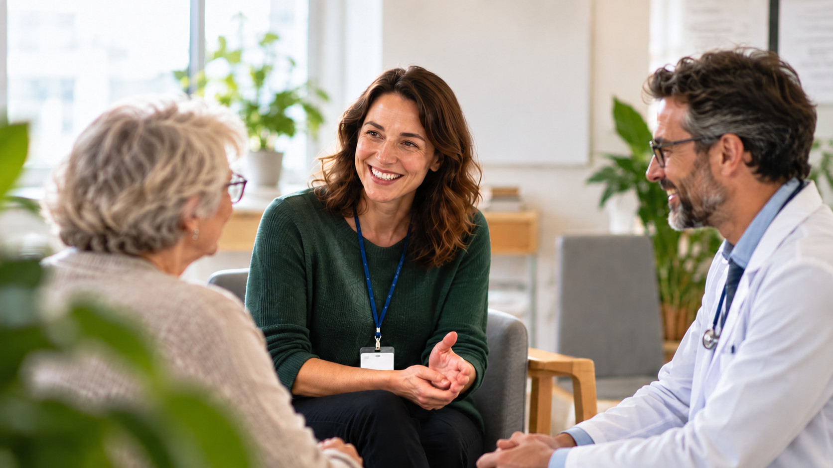 AI generated image showing a medical doctor, a patient and a social worker for social prescribing in project LinkCompanion