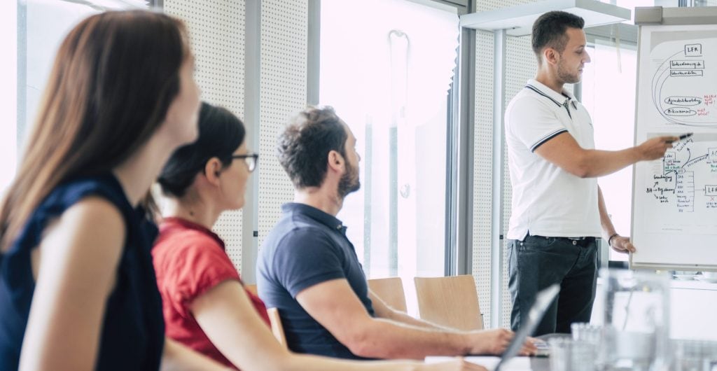 CO2 footprint: Researcher outlines the Climate LIFEstyle Check to colleagues on flipchart