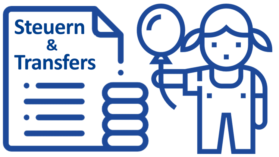 Grafische Darstellung eines Mädchens mit einem Luftballon in der Hand, daneben ein Schriftstück mit der Aufschrift "Steuern und Transfer"