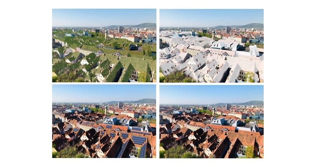 Fotomontage über 4 Gestaltungsmöglichkeiten von Dächern, z.B. Dachbegrünung oder PV-Anlagen.