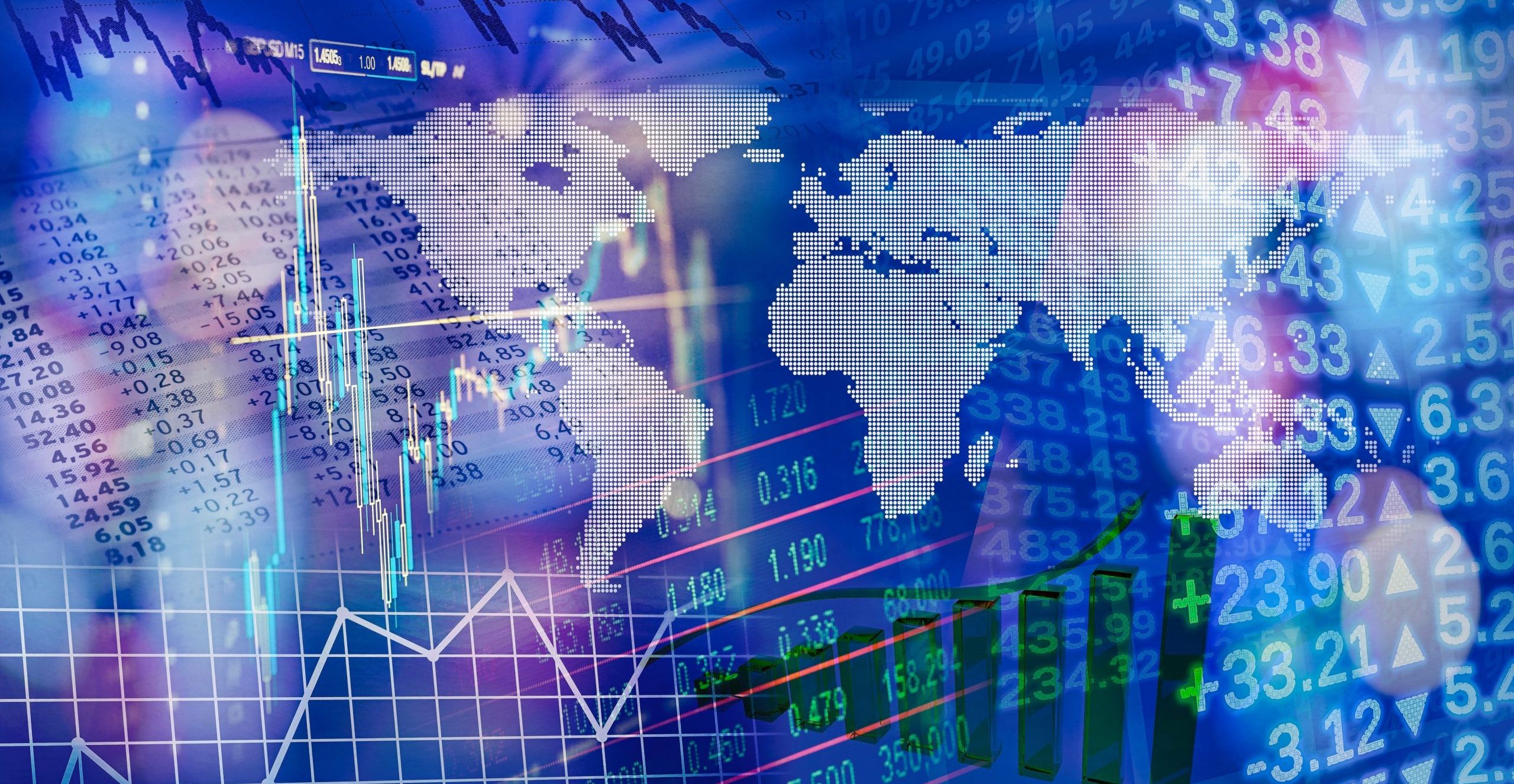 Grafische Darstellung globaler Finanzmärkte mit diversen Zahlen und Statistiken und einer Weltkarte im Hintergrund.