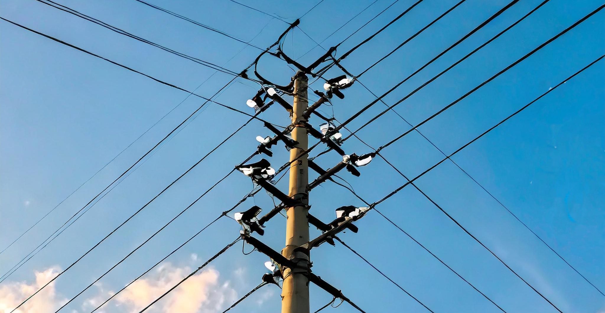 Aufnahme von sich kreuzender Stromleitungen vor blauem Himmel.