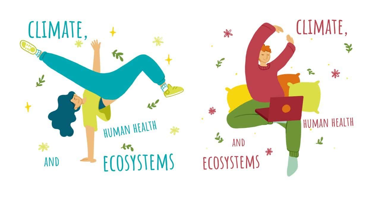 Grafische Darstellung von zwei Personen. Die erste Person tanzt Breakdance, die zweite sitzt mit einem Laptop am Schoß.