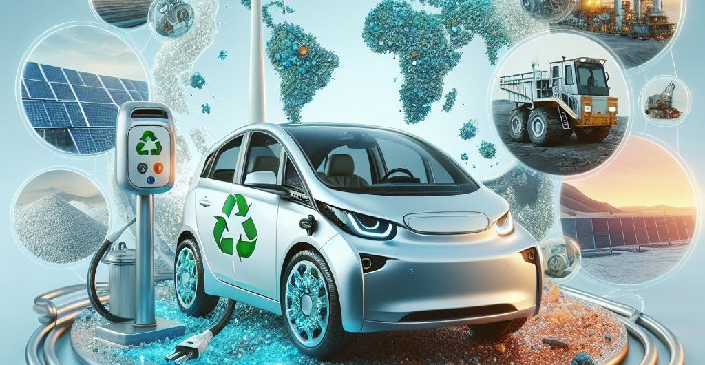 Fotomontage eines tankenden E-Autos mit Bildausschnitten von der Rohstoffgewinnung und klimafreundlicher Energiegewinnung mit einer Weltkarte im Hintergrund.