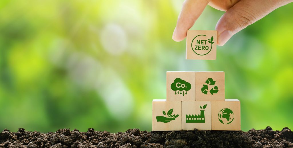 Against a green background, a hand places wooden blocks with symbols relating to the environment and climate neutrality. Symbolic image for carbon footprint