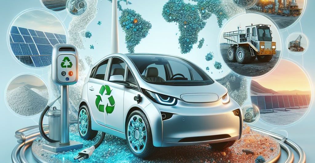 Fotomontage eines tankenden E-Autos mit Bildausschnitten von der Rohstoffgewinnung und klimafreundlicher Energiegewinnung mit einer Weltkarte im Hintergrund.