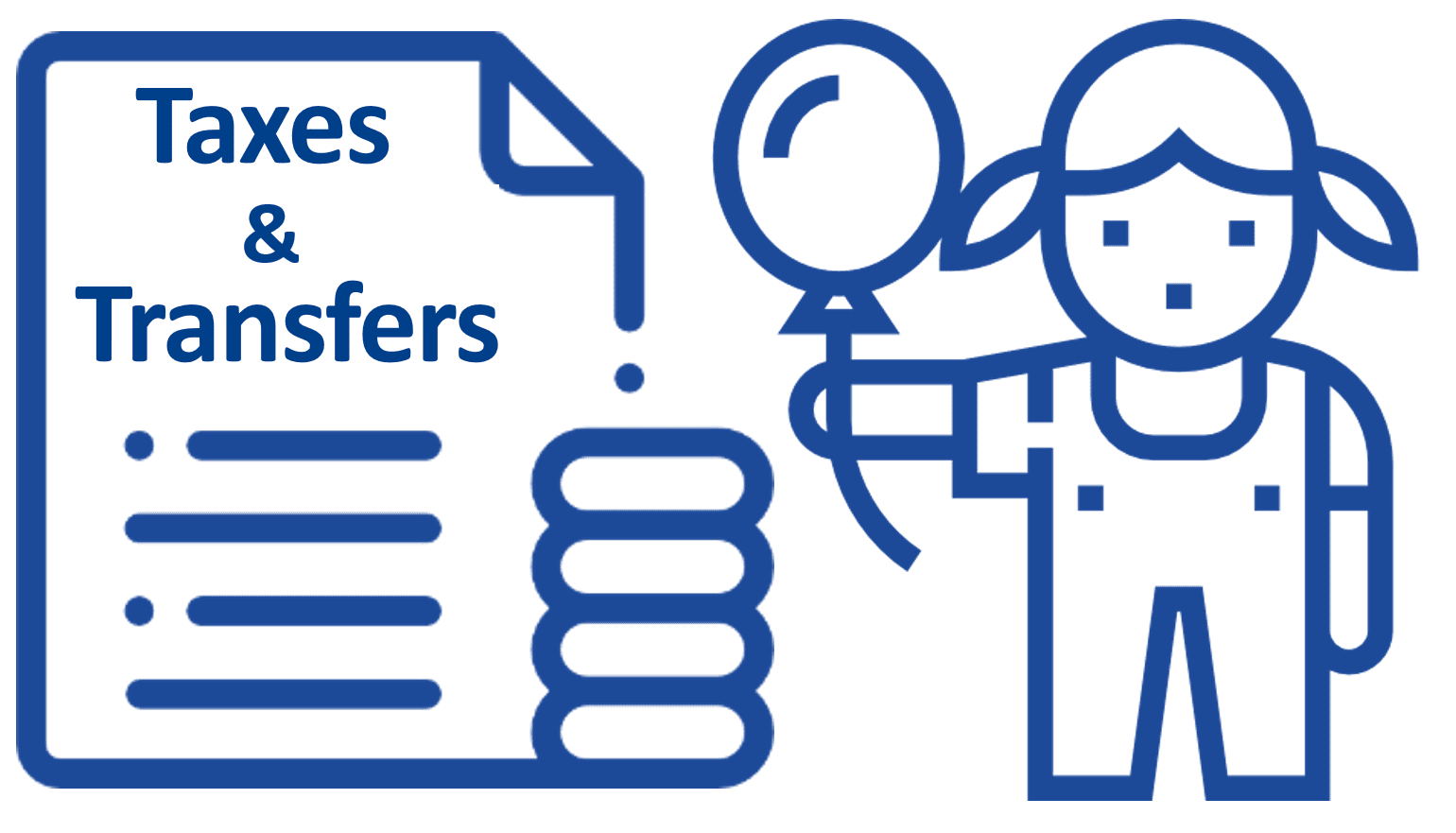 Grafische Darstellung eines Mädchens mit einem Luftballon in der Hand, daneben ein Schriftstück mit der Aufschrift "Steuern und Transfer"