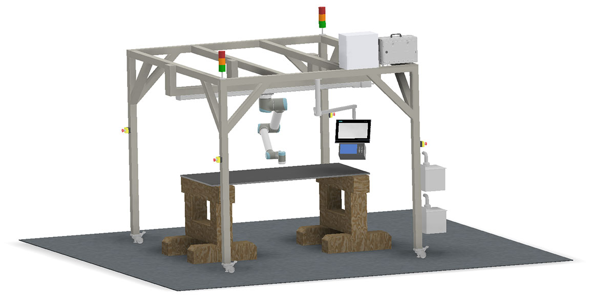 Simulation eines UR Roboterarms, der für die Qualitätskontrolle auf einem Gerüst montiert ist.
