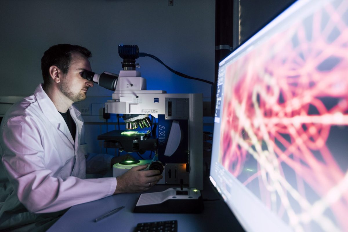 Surface Characterization Lab Fluorescence microscopy for analyzing biological markers, nanoparticle distribution, and microfluidic structures with high-quality imaging.