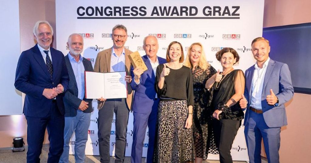 Congress Award für Zukunftstag: Günter Riegler (Stadtrat), Helmut Wiedenhofer (JR), Gerd Holzschlag (SFG), Heinz Mayer (JR), Gabriele Katz (JR), Daniela Müller (JR), Andrea Höglinger (TU Graz), Daniel Krautzer (SFG)