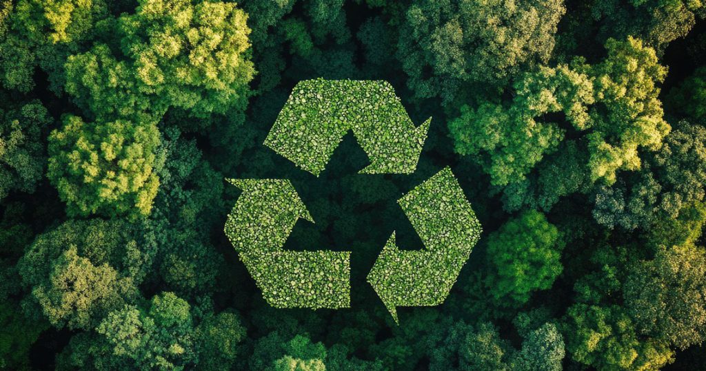 Wald von oben, in der Mitte Symbol für Recycling - Symbol für Kreislaufwirtschaft und Circular Monday