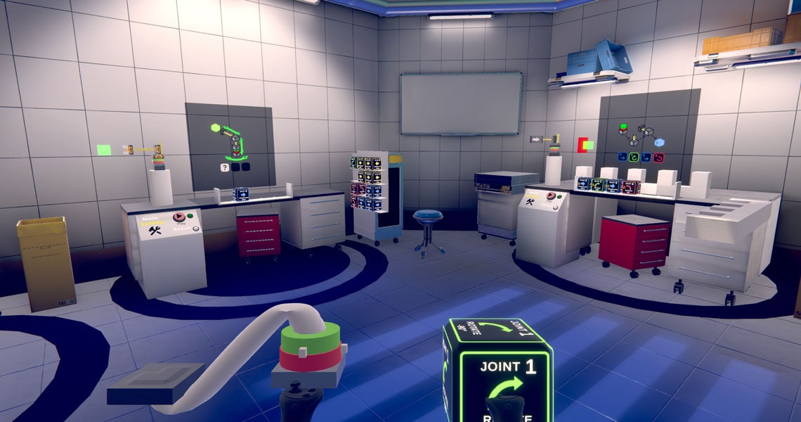 Lernen in der Extended Reality: Einblick in einen virtuellen Raum, in dem Roboterarme gesteuert werden.